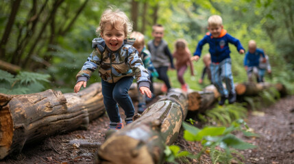 Group of children balancing on fallen logs in a forest, enjoying outdoor play and developing coordination and balance skills.