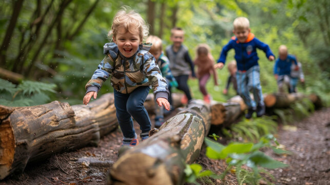 Group of children balancing on fallen logs in a forest, enjoying outdoor play and developing coordination and balance skills.