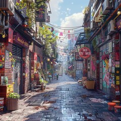 Naklejka premium Charming narrow alleyway with colorful signs and decorations, capturing a cozy, vibrant atmosphere in a small, picturesque urban setting.