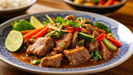 Fototapeta premium Delicious beef stew with fresh herbs and vegetables