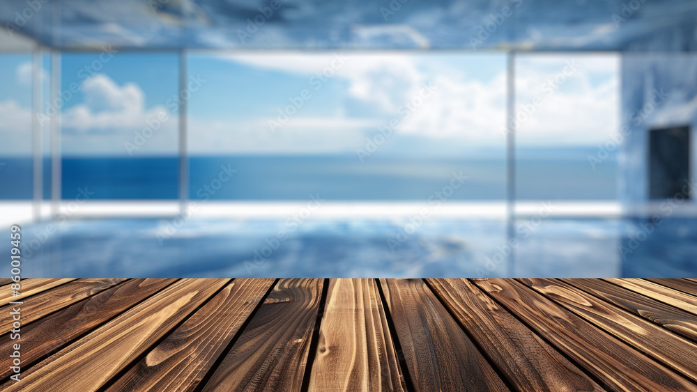 Poster empty wood table top with blur background of room with ocean view in summer. the table giving copy s