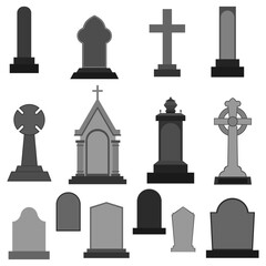 Set of silhouette Cemetery tombstones and Gravestone, graveyard tombs and headstone isolated, Halloween coffins and caskets with gravestone collection, memorial with crypts and funeral