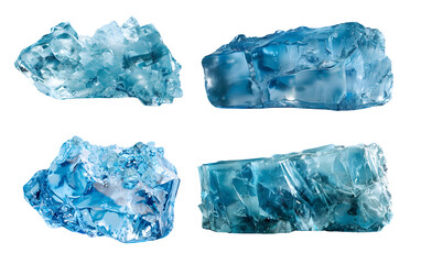 Ice cubes with intricate formations and varying textures, each reflecting light beautifully. Isolated on transparent background.