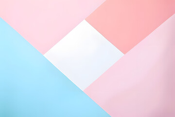 Soft geometric shapes in pastel shades of light blue, pink, and white create a layered paper texture background.