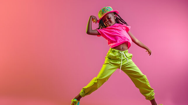 Happy joyful Black kid in funky outfit dancing in studio Cheerful African dancer girl wearing loose fuchsia top bucket hat and green pants enjoying hype and having fun Childrens fashio : Generative AI