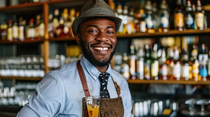 african american smiling man bartender work on the beach resort, barman making a cocktail on the beach for relaxing.