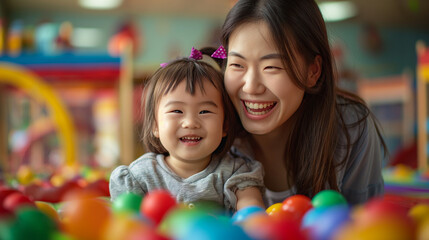 smiling female teacher and preschool child playing together with colorful toys  at kindergarten