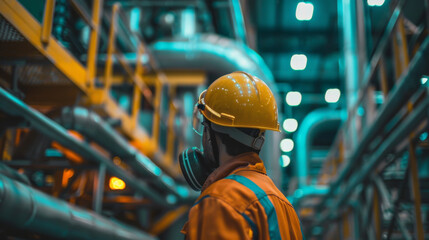 Factory worker in safety gear inspects industrial pipelines in a modern factory, ensuring proper function and safety.