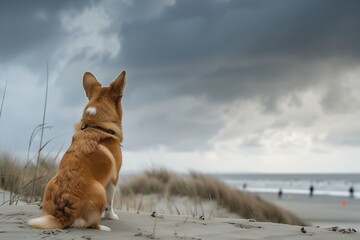 A corgi dog standing on the beach with its back to the camera, watching people play frisbee in the distance, cloudy sky, dune background, rule of thirds composition, Sony Alpha A7 III, f/8, focal leng