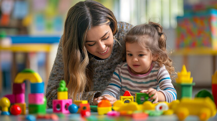 smiling female teacher and preschool child playing together with colorful toys  at kindergarten