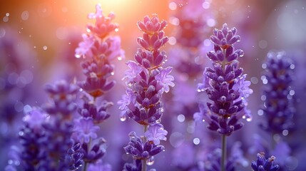 Obraz premium Close-up of vibrant lavender flowers in bloom under golden sunlight, with delicate bokeh effect. Perfect for nature and floral themes.