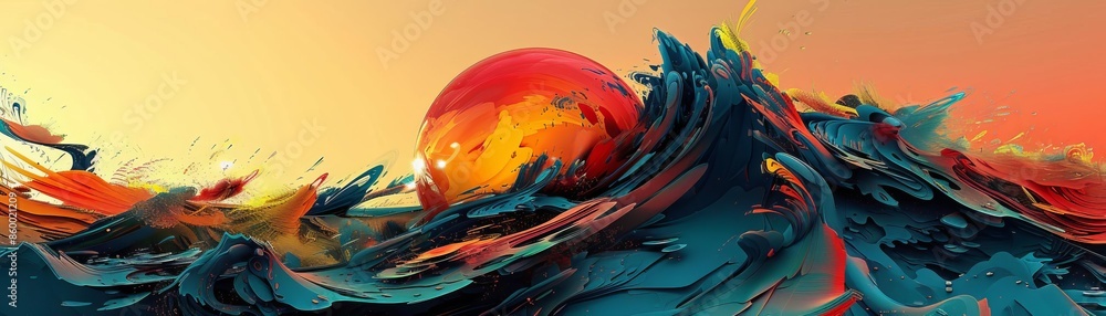 Poster vibrant digital abstract art with a glowing orb against a fluid, wave-like background in dynamic col