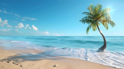 Tranquil Tropical Beach with Palm Tree and Clear Blue Sky