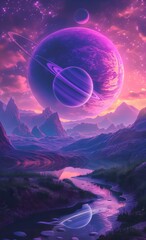 two planets with rings in the sky, fantasy landscape