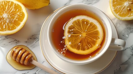 Delicious hot tea with lemon, honey, and fresh slices of lemon, presented on a marble surface for a refreshing and soothing drink.