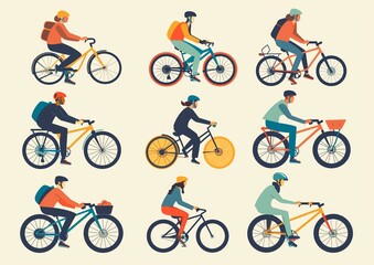 Fototapeta premium Colorful Bicycle Riders Illustration - Urban Cycling Scenes