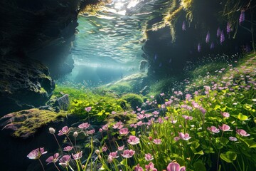 Underwater Grotto with Sunlit Flowers