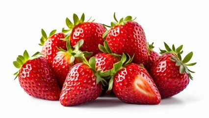  Fresh and juicy red strawberries with green leaves