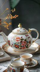 Victorian-Inspired White Porcelain Teapot Set with Vibrant Floral Patterns and Gold Trimmings