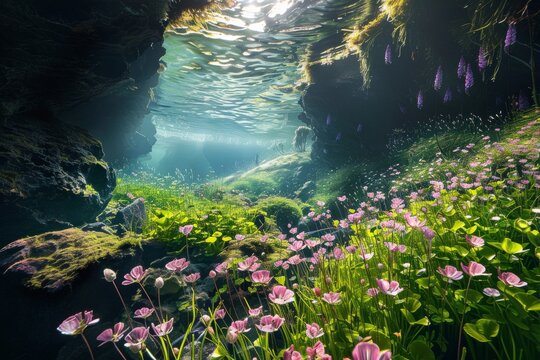 Underwater Grotto with Sunlit Flowers