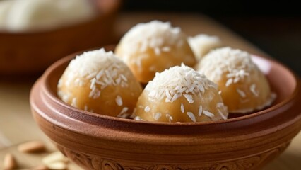 Fototapeta premium Delicious coconuttopped pastries in a rustic bowl