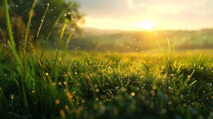 Dewy Grass Field Sparkles in Golden Light Captivating Sunset Background
