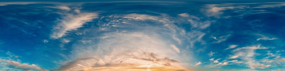Seamless 360 HDR spherical panorama of sunset sky with vibrant pink Cirrus clouds. Full zenith or sky dome in 3D, sky replacement for aerial drone panoramas. Climate and weather change.