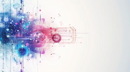 technology mostly white space with colourful graphics around the edge, blue and purple hues