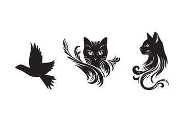 bird and cats head vector silhouette illustration white background.