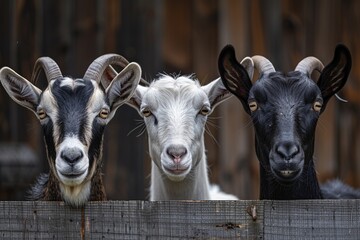 Obraz premium Three adorable goats standing in front of a rustic wooden fence. Rural lifestyle captured with a natural background. Perfect for farm-related themes and country life concepts. Generative AI