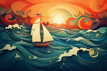 Naklejka premium Adventurous sailing flat design top view summer sea theme animation Triadic color scheme