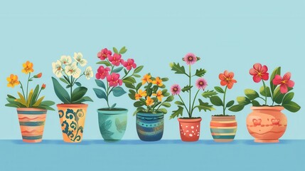 Naklejka premium A vibrant array of potted flowers, blooming in various colors, arranged on a shelf in a garden center. Generative AI