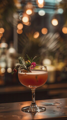 Fototapeta premium Elegant craft cocktail garnished with fresh herbs and a flower, set against a bokeh-lit bar background for a sophisticated ambiance. 