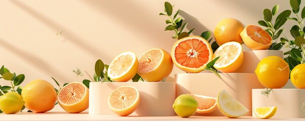 Arrangement of whole and sliced citrus fruits on a peach background with green foliage