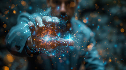 image of a businessman reaching out to a hologram icon of a cyber security network, featuring a dark solid background