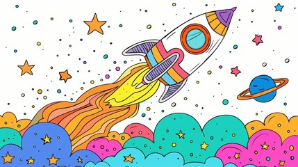 A fun coloring page of a rocket ship blasting off into space, with a trail of colorful smoke behind it, perfect for young aspiring astronauts.