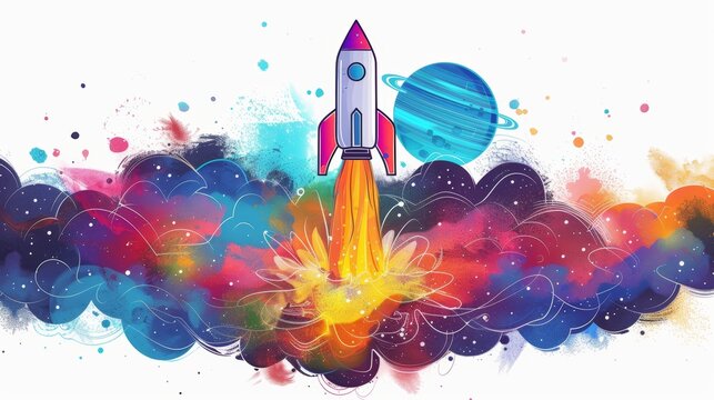A fun coloring page of a rocket ship blasting off into space, with a trail of colorful smoke behind it, perfect for young aspiring astronauts.