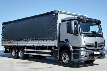 Silver Semi-Truck With Blue Canvas Tarpaulin Parked on Concrete