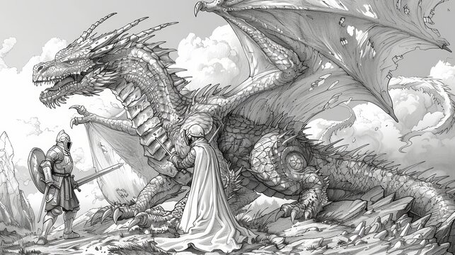A legendary dragon engaged in a fierce battle with a knight in shining armor, set in a medieval battlefield, perfect for coloring adventurers.