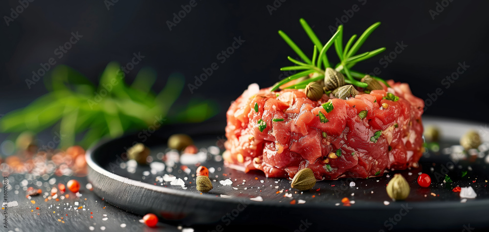 Wall mural gourmet steak tartare with fresh herbs and capers on a black plate, garnished with rosemary, on a da