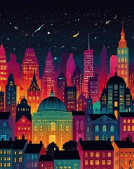 Fototapeta premium Dark cityscape illustration with illuminated buildings reaching towards a starry night sky