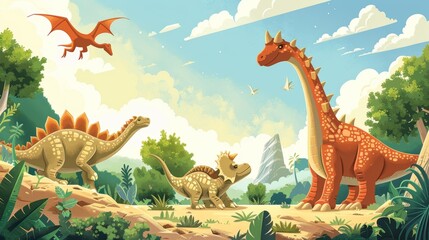 A playful illustration of a group of dinosaurs playing together, including a Triceratops, a Brachiosaurus, and a Pterodactyl flying overhead.