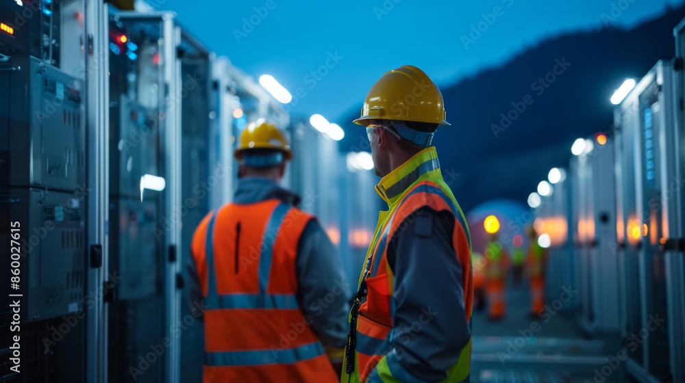 Poster engineers in high-visibility vests and helmets working in an illuminated outdoor data center at dusk