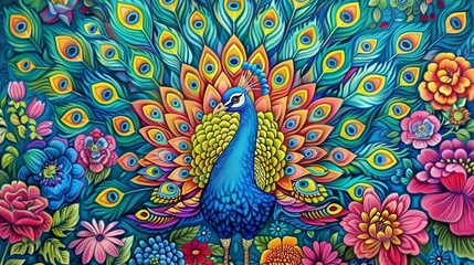 Fototapeta premium A vibrant coloring book page showing a flamboyant peacock displaying its magnificent tail feathers, with intricate designs on each feather and surrounding flowers.