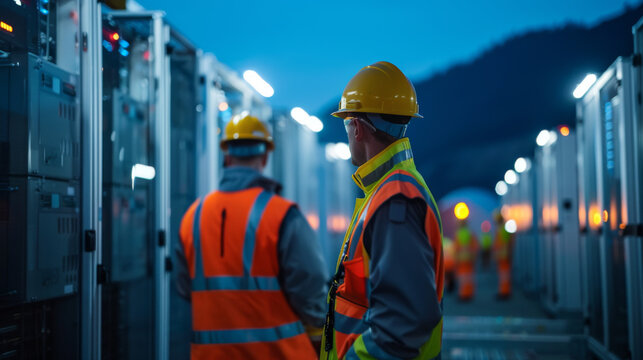 Engineers in high-visibility vests and helmets working in an illuminated outdoor data center at dusk.