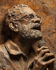 Detailed bronze sculpture of a man singing passionately into a microphone, showcasing intricate textures and lifelike expressions.