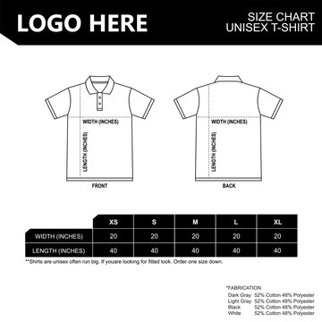 Polo Shirt size guide of unisex short sleeve sizing chart Table size Front and back views Vector illustration.