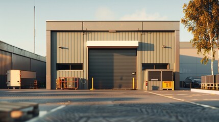 Exterior of a modern warehouse with a small office unit
