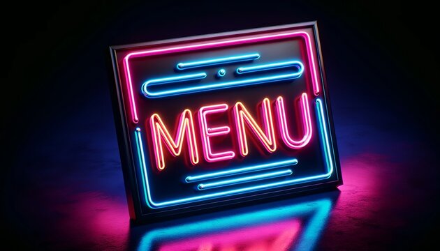 neon sign displaying the word MENU in bright pink and blue colors against dark background. glowing neon lights and modern design evoke retro vibrant atmosphere, ideal for trendy restaurant or bar