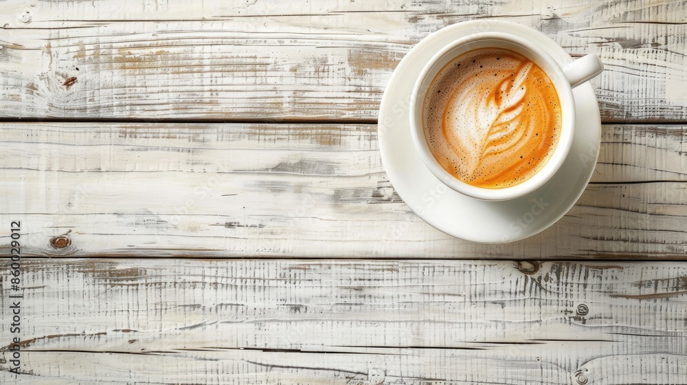 Poster cappuccino coffee on white cup on wooden surface with empty area